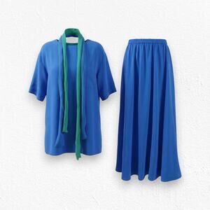 Vintage 70s Colbalt Blue Short Sleeve Top Midi Skirt Scarf 3 Piece Set Size XL
